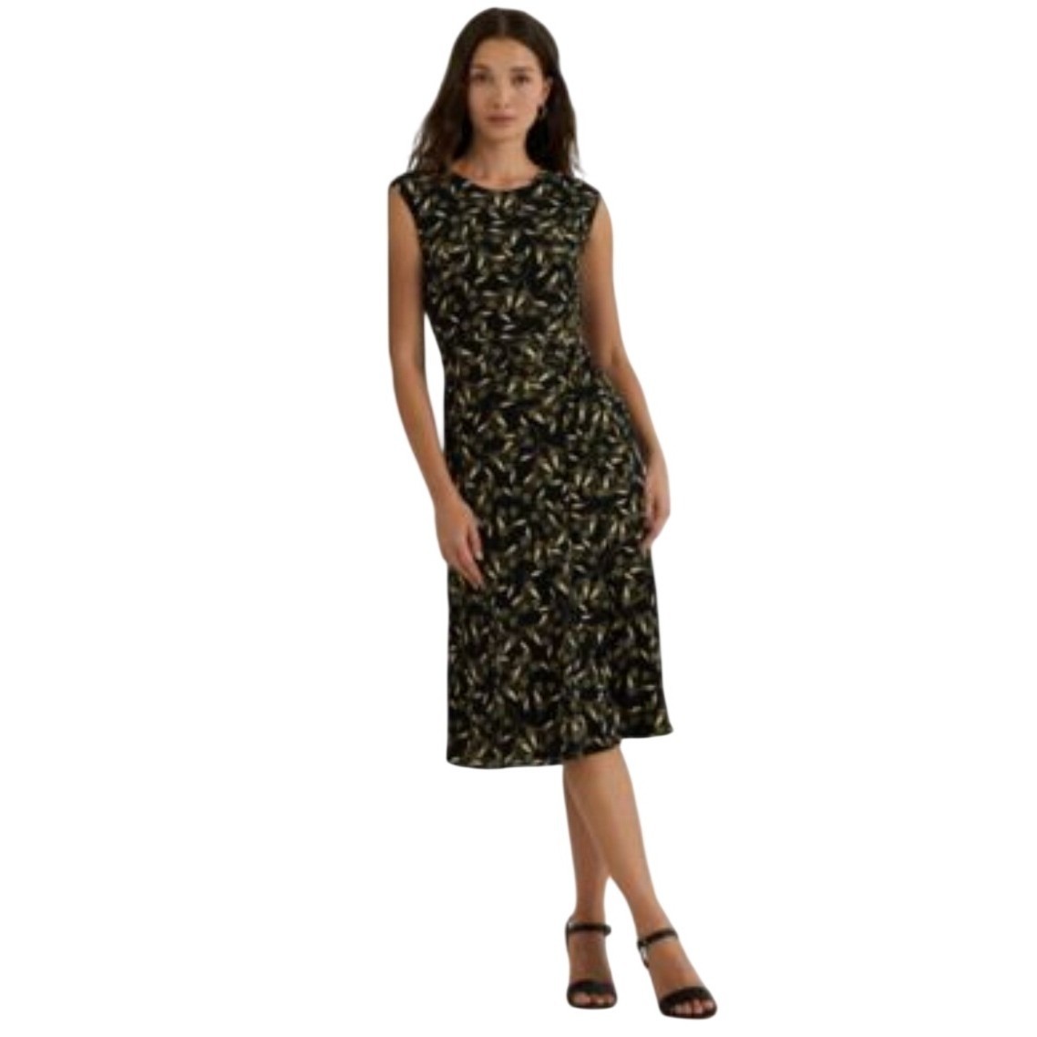 Nwt Lauren Ralph Lauren Women Black Floral Leaf Print Sleeveless Midi Dress-10